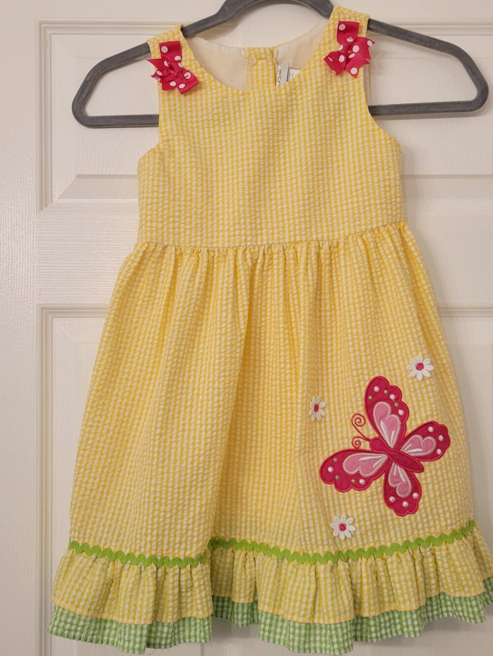 Emily Rose Girls' Yellow Butterfly Seersucker Dress with Pink Accents